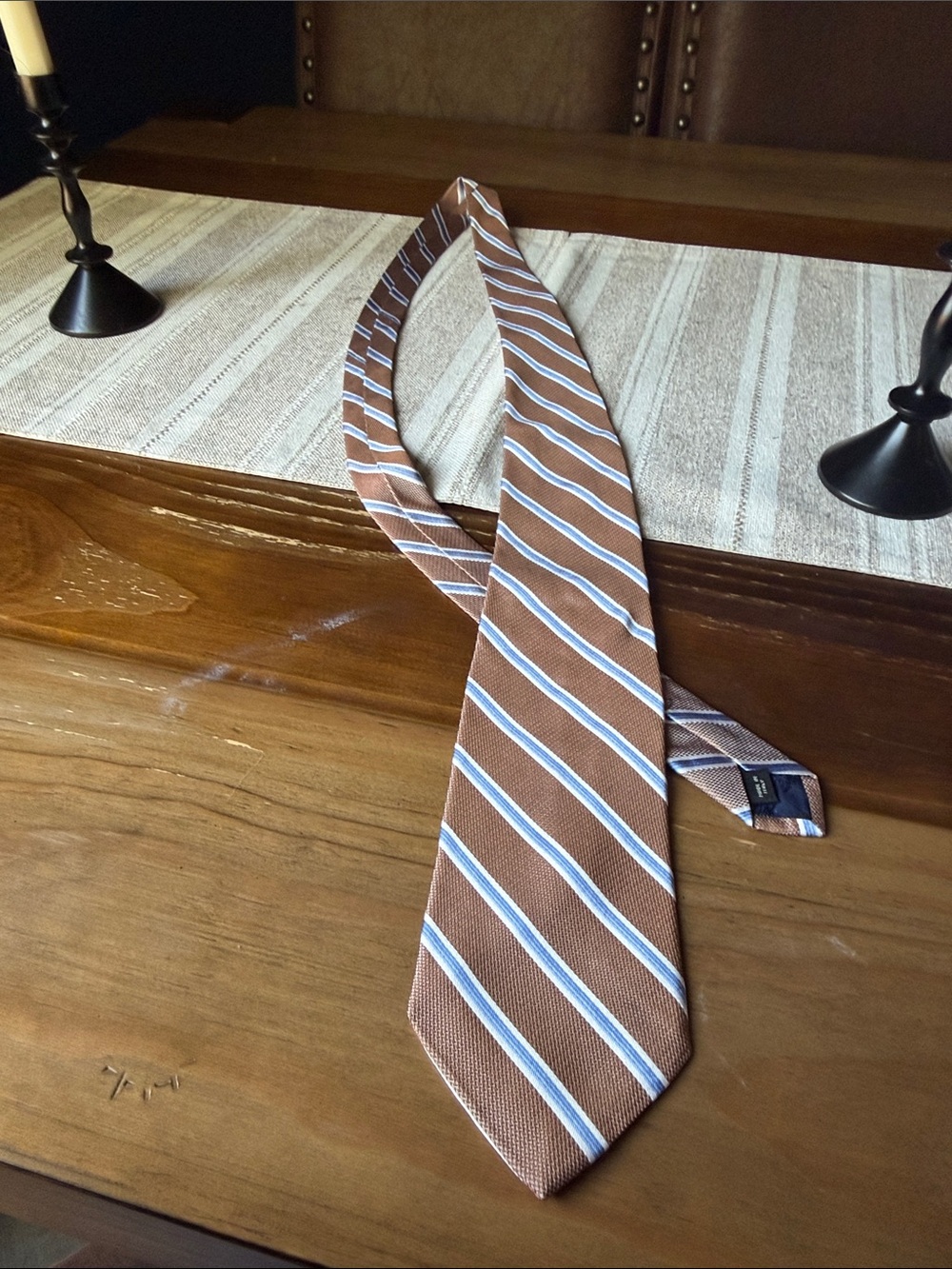 Jos. A. Bank Brown Tie with Blue & White Stripes